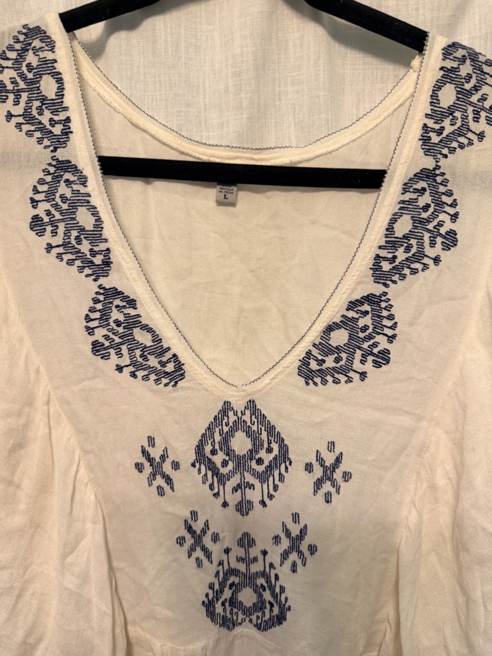 Ecote by Urban Outfitters Cream V-Neck Embroidered Boho Tunic with Navy Detail - Picture 5 of 10